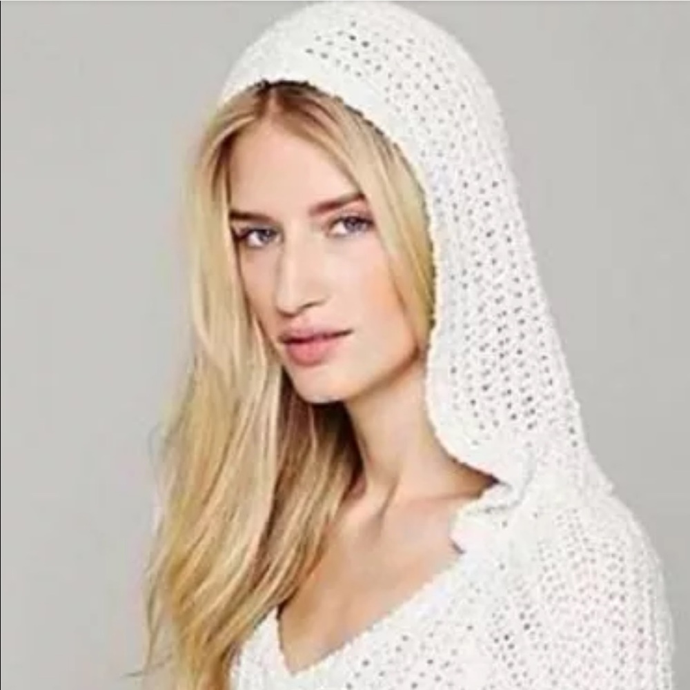 Free People Hooded Fringe Pullover Sweater Ivory